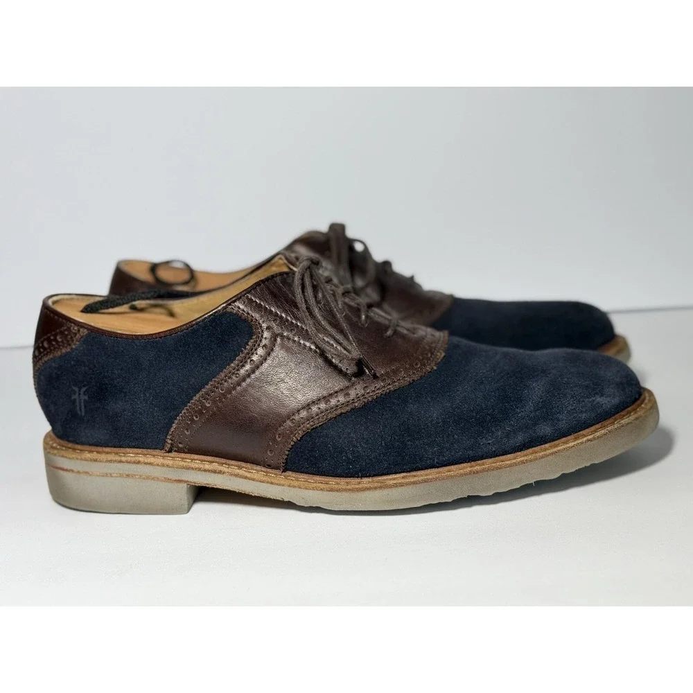 FRYE Mens Jim Saddle Indigo Suede Brown Leather Oxford Dress Casual Shoes Sz 10M